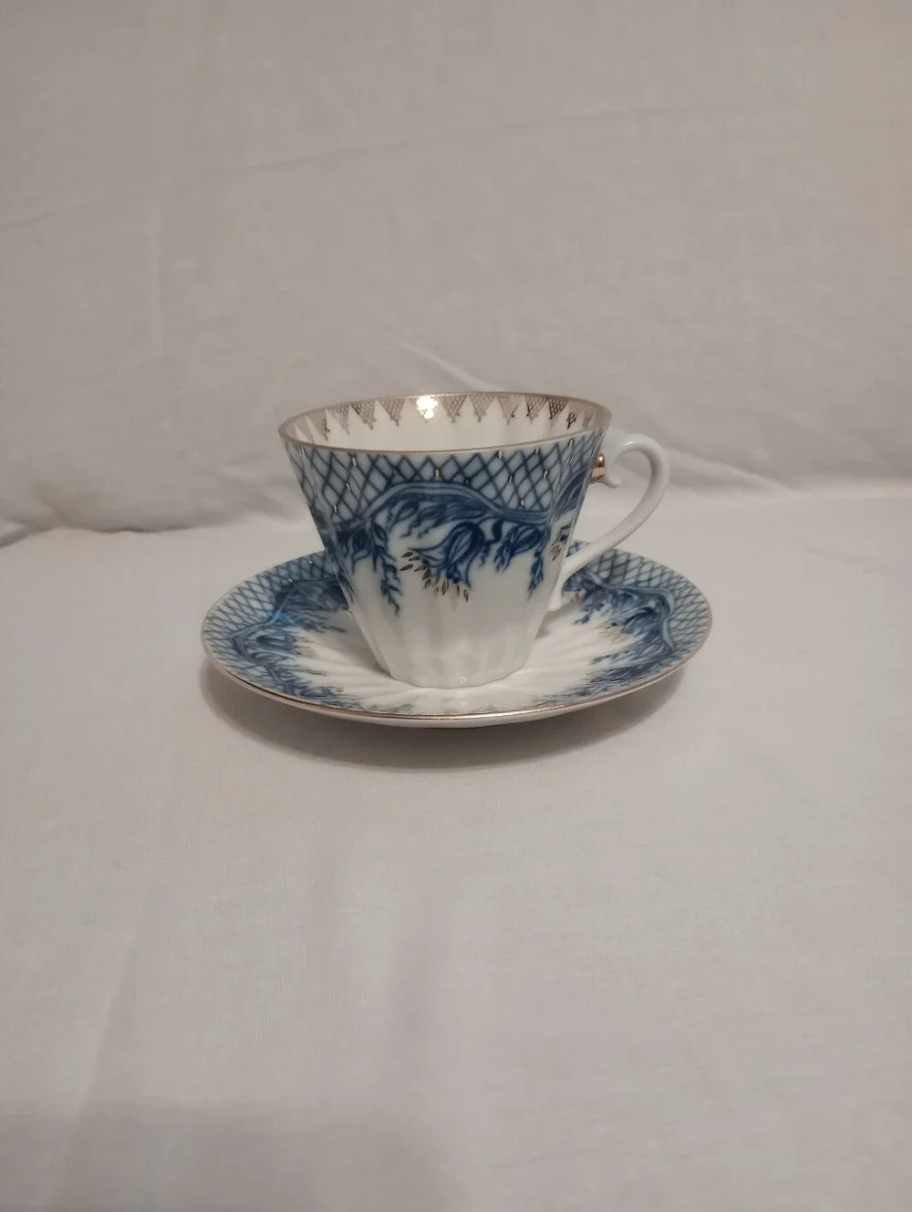Lomonosov Imperial Porcelain Rhapsody Blue Pattern LFZ Cup & Saucer Set - Russia